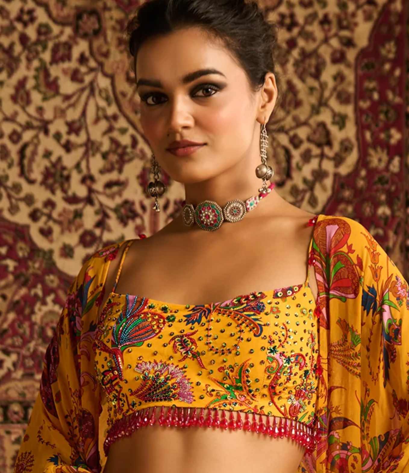 Rangeela choker in silver with intricate kundan work in aqua and rani pink stone