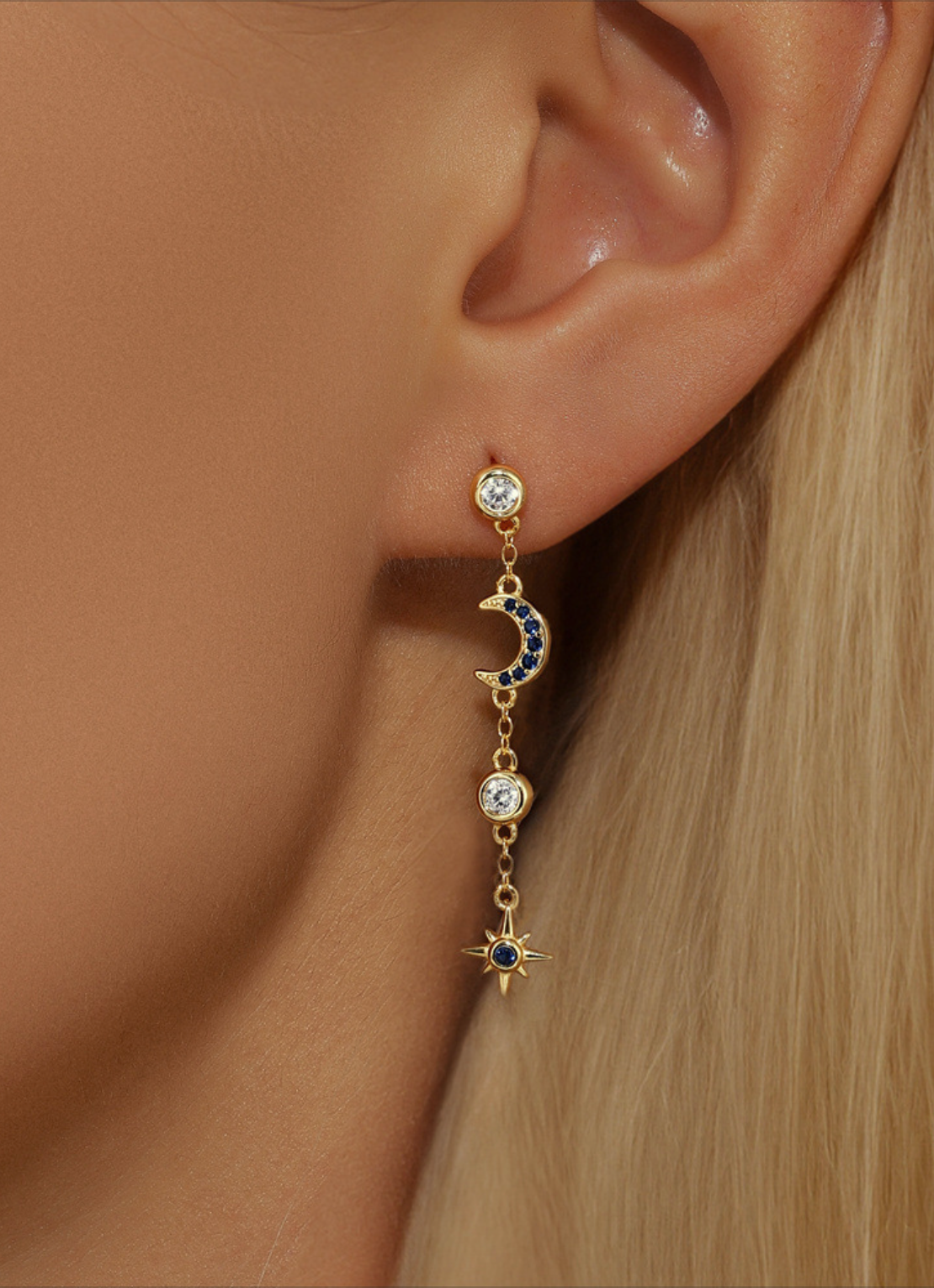 Astral moon and star gold plated danglers in sterling silver