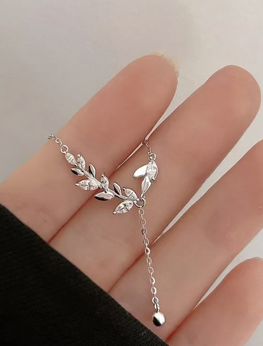 Olive leaf dangling sterling silver necklace